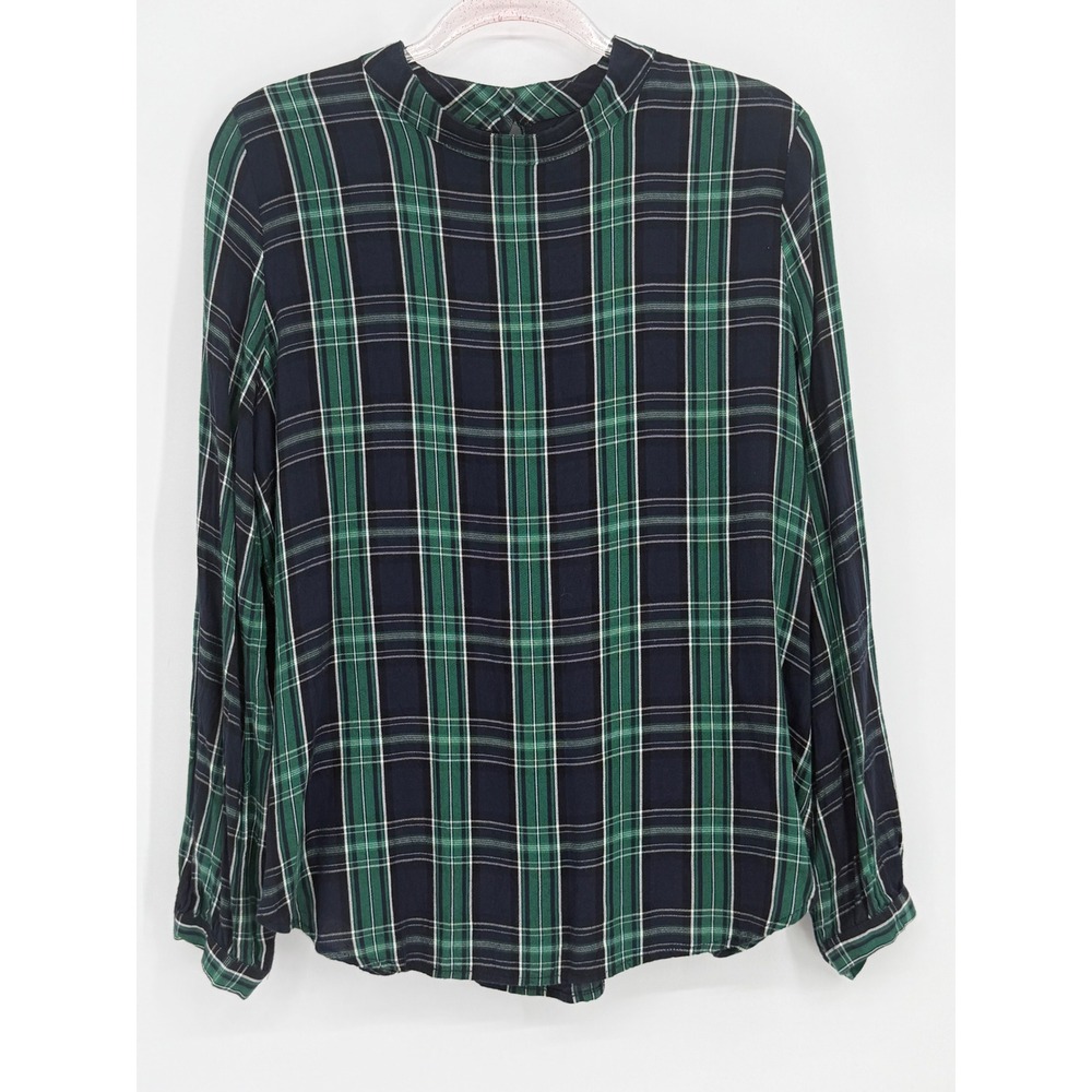 LOFT Womens Green Navy Plaid Mock Neck‎ Rayon Blouse Long Sleeve Top Sz L